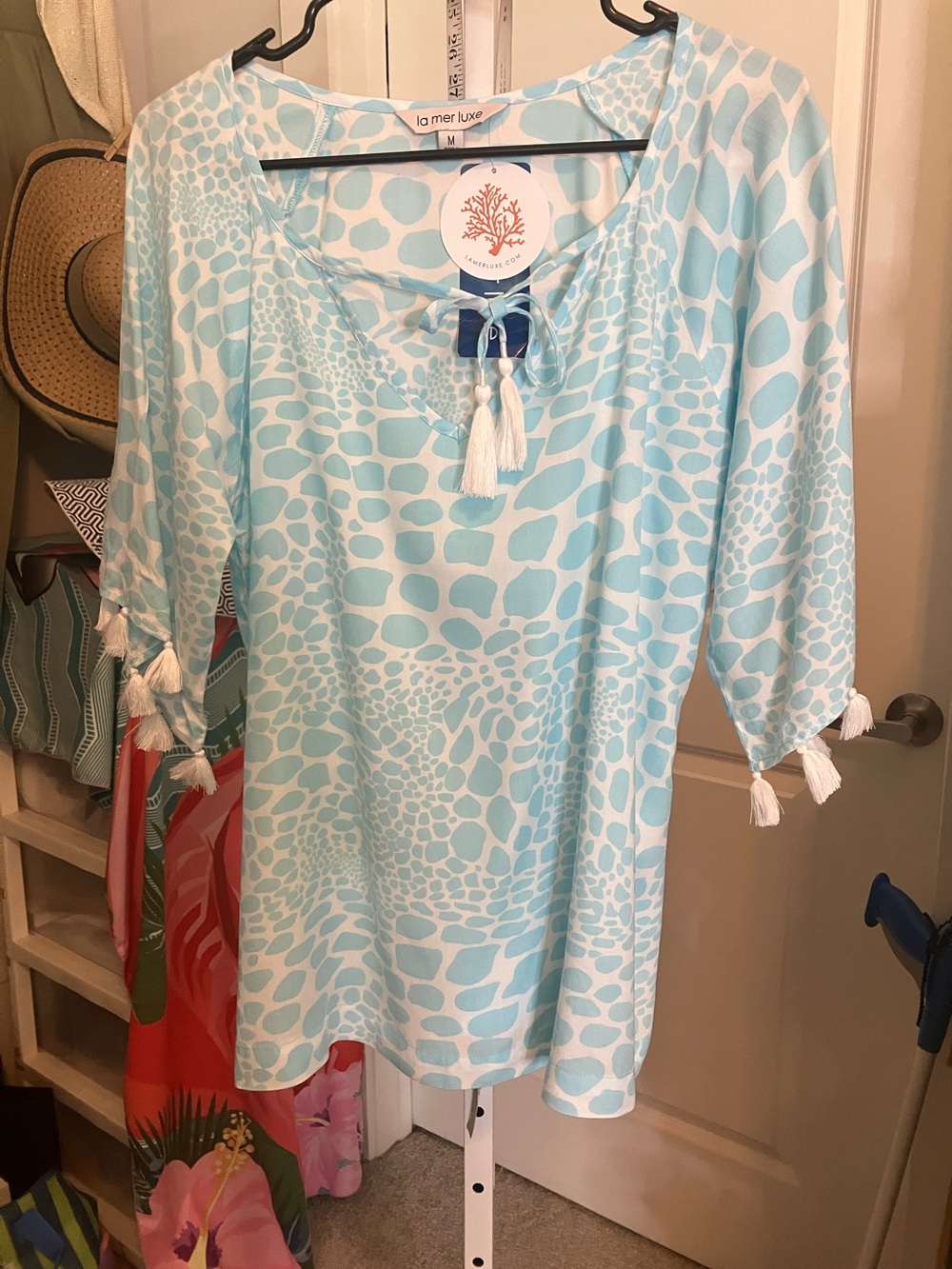 La Mer Luxe Women's Light Blue Patterned Tassel Tunic